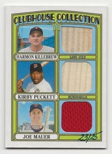 2021 Topps Heritage KILLEBREW/PUCKETT/MAUER Triple Relic/25 gemelli GU mazza/maglia - Foto 1 di 2