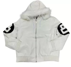 Men's 8 Ball Logo White Genuine Real Leather Bomber Jacket - Picture 1 of 3