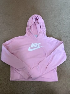 Nike Sportswear Cropped Sweatshirt Pink Large Logo Hoodie Size Girls S NEW - Picture 1 of 3