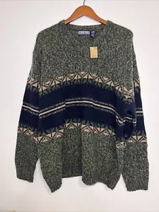 Vintage Structure Sweater Mens XL 100% Pure Wool Green- Blue Crew Neck - Picture 1 of 7