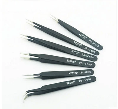 ELYSAID 6pcs ESD Safe Anti-Static Stainless Steel Tweezers Set Maintenance Repair Tool