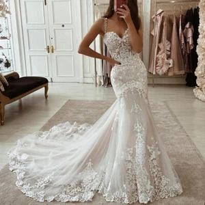 Boho Mermaid Wedding Dresses Mermaid Lace Appliques White Ivory Bridal Gowns - Picture 1 of 8