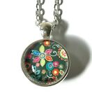 Glass Cabachon Pendant Necklace Flowers Floral Artisan 2-Sided Silver-Plate