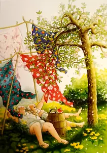 Postcard Two Old Ladies Aunties Clothesline Summer Washing Sun Inge Look Finland - Picture 1 of 1