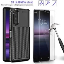 For Sony Xperia 1 10 IV 5 III 5G Case Carbon Fibre Phone Cover + Tempered Glass