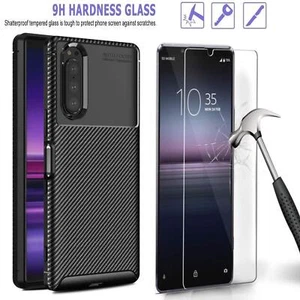 For Sony Xperia 1 10 IV 5 III 5G Case Carbon Fibre Phone Cover + Tempered Glass - Picture 1 of 12