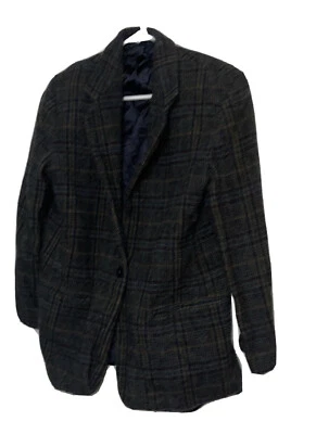 Blazer Lands End feminino um botão tamanho 12 100% lã preto verde marrom xadrez - Imagem 1 de 4