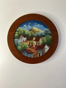 Vintage Hand Painted Village Wood  Plate 8” In Diameter Signed M Bustamante - Picture 1 of 3