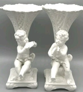 Pair Large Vintage Italianate Ornate Cherub Trumpet Vases on Pedestal 11" RARE - Picture 1 of 24