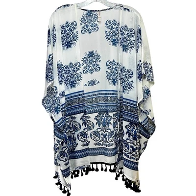 Kimono transparente azul blanco Xhilaration borlas medianas grandes para mujer Foto 1 de 4