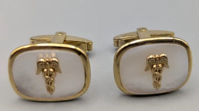 Gemelos de crianza vintage símbolo Caduceo madreperla MD doctor enfermera RX Foto 1 de 4