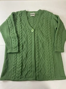 Aran Crafts 100% Merino Wool Green Cableknit Cardigan Sweater Size XL FLAWED - Picture 1 of 9