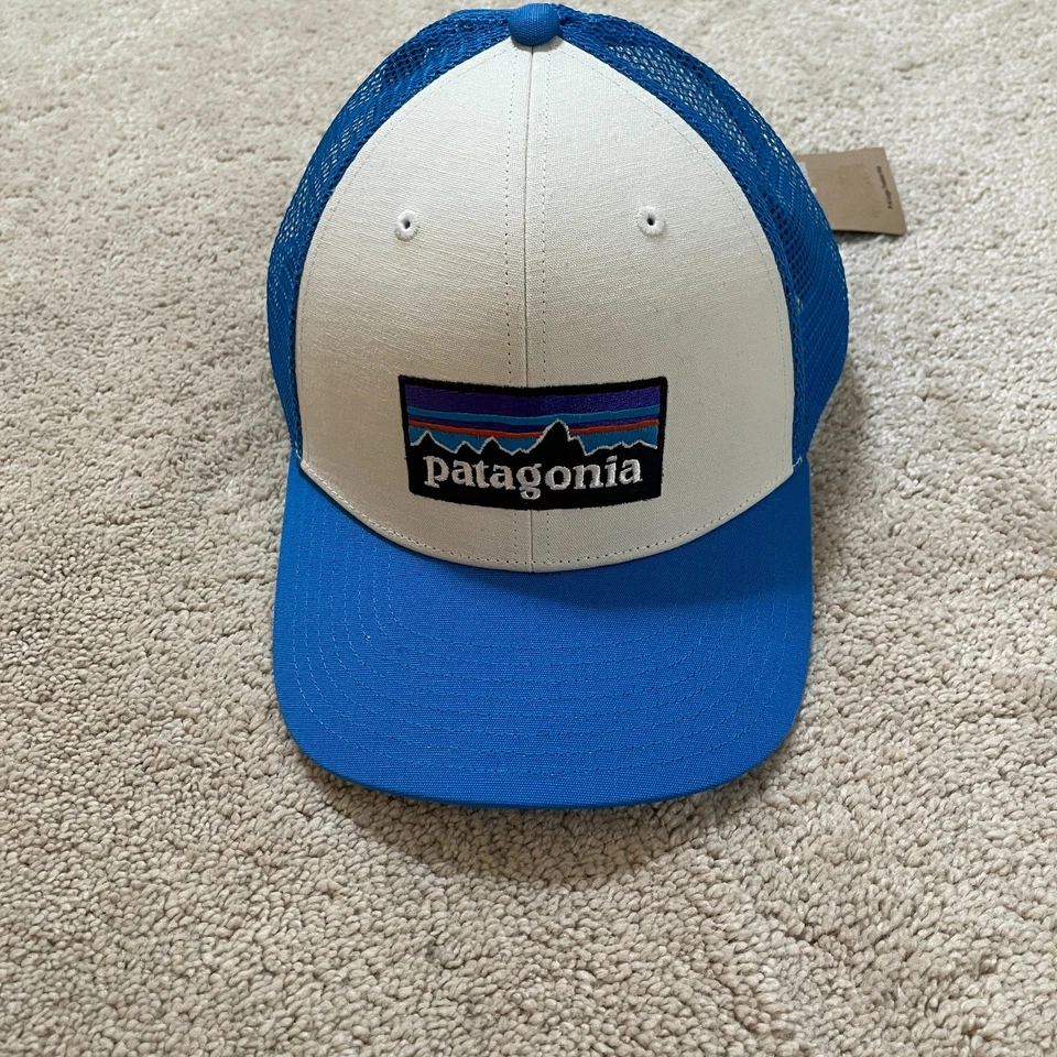 Patagonia P-6 Logo Trucker Hat Snapback Mesh Adjustable White Vessel Blue Cap