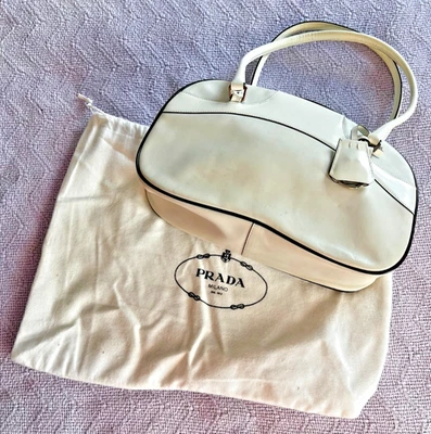 Vtg Prada White Leather Bowler Satchel Handbag Double Zip Lock Authentic Italy - Image 1 of 4
