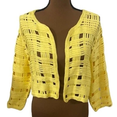 Chico’s Bonnie Recortado Enrejado Abierto Tejido Suéter Cárdigan en Amarillo Talla US 8 Foto 1 de 4