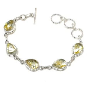 Rutilated Quartz Gemstone Handmade 925 Sterling Silver Jewelry Bracelet Size7-8" - Picture 1 of 1