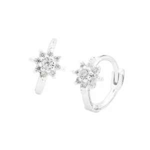Moissanite cartilage Huggie hoop earrings 14k White gold tiny flower earrings - Picture 1 of 10