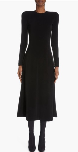 Abito donna BALENCIAGA nero manica lunga elasticizzato crepe midi TG 38 US 8 nuovo con etichette