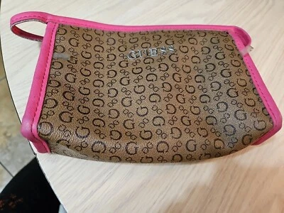  CLEARANCE GUESS коричневый розовый молнии косметичка/кошелек логотип подержанный - Изображение 1 из 3