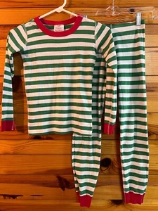 Hanna Andersson Christmas Green White Striped Long Johns Pajamas Red Trim 130 8 - Picture 1 of 2
