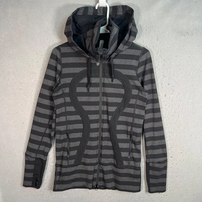 Lululemon Stride Jacket Striped Black & Gray Hooded Zip-Up Jacket Womens Size 6 - Image 1 of 4