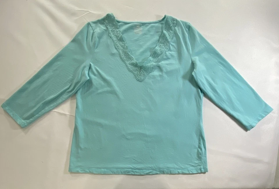 Jones New York Sport XL Aqua Blue Lace Trim 3/4 Sleeve Stretch Tunic Top *READ - Image 1 of 4