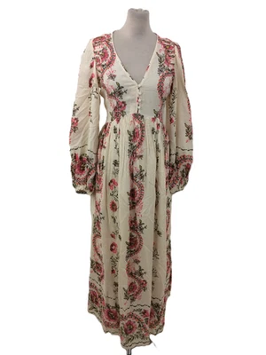 Per Una Women's Maxi Dress Pink Ivory Mix Floral Empire Waist Button V-Neck New