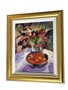 Sally Rosenbaum signiert Ölgemälde Blumenstrauß bunt gold gerahmt 13x15,5 - Bild 1 von 8