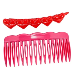 Vintage Girly Hair Accessories - Pink Comb & Kawaii Red Hearts Barrette France - Picture 1 of 9