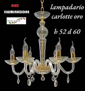 LAMPADARIO CARLOTTE 6 LUCI IN VETRO E CRISTALLO ORO CON PENDENTI - OFFERTA - Foto 1 di 7