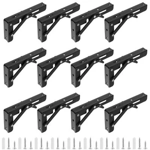12 PCS 6 Inch Folding Shelf Brackets Black Heavy Duty Collapsible Shelf Brack... - Picture 1 of 7