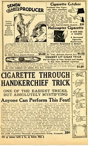 1950 anuncio con letra pequeña de productor de cigarrillos demonio, truco de cigarros encendido, pañuelo - Imagen 1 de 2