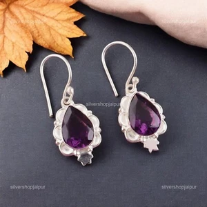 Natural Amethyst Hook Memorial Day Dangling Earrings Jewelry 925 Sterling Silver - Picture 1 of 7