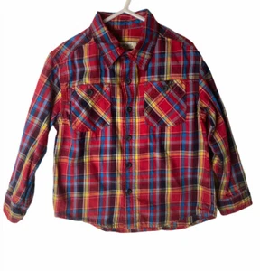 Cherokee Boys Red Blue Plaid Long Sleeve Button Down Cotton Shirt Top Sz XS 4/5 - Picture 1 of 4