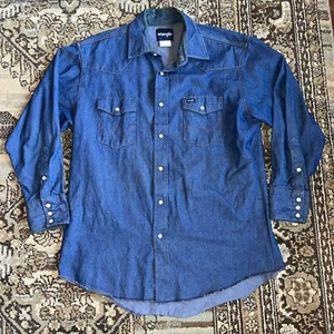 VTG Wrangler Shirt Blue Denim Pearl Snap Long Tail Western 16 1/2 X 33 - Picture 1 of 15