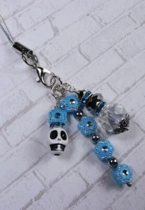 Flower Skull Handmade Cell Phone Charm Lanyard Strap Blue Silver New - Zdjęcie 1 z 3