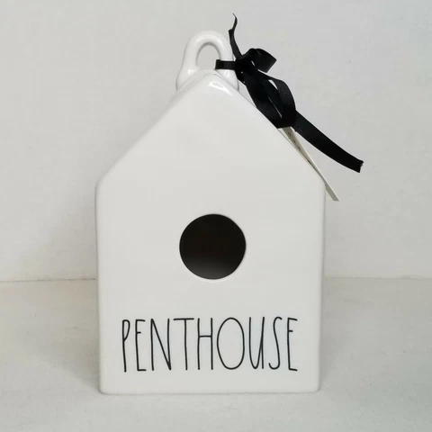 Rae Dunn “PENTHOUSE” White Ceramic House Shaped Birdhouse by MAGENTA BLK Ribbon Cover