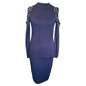 Coast Navy Blue Bodycon Embellished Knit Cold Shoulder Dress Size Womens UK 12 - Picture 1 of 6