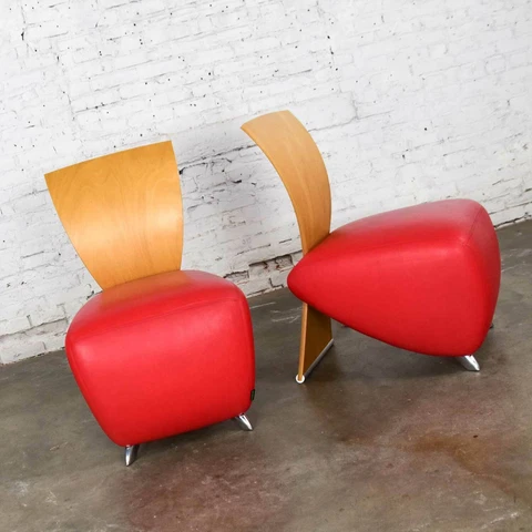 Dauphin BOBO Postmodern Accent Chairs by Dietmar Sharping Red Leather & Maple Cover