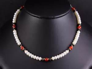 Schönes Perlen Collier Kette mit Karneol & Onyx 750/- Gelbgold - Bild 1 von 6