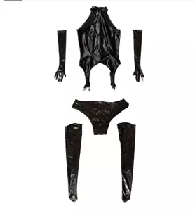 4pcs/set Cosplay Anime Maid Costume Wetlook PVC Catsuit Sexy Lingerie Bodysuit - Picture 1 of 9