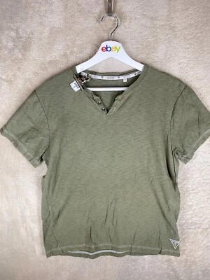 GUESS Casual Henley T-Shirts Top Size M Mens Green Logo Short Sleeve - Image 1 of 4