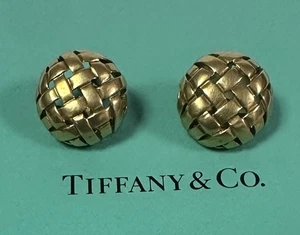 Tiffany&Co 18k Basket Weave Earrings Nice Substatial Omega Back Presentation Box - Picture 1 of 7