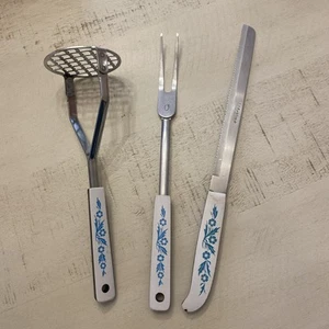 Vintage Corning Ware Blue Cornflower Bread Knife Masher Meat Fork Set Utensils - Picture 1 of 6