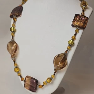 Handmade 28" Murano Style Glass Beaded Necklace – Amber, Bronze, Gold Foil Beads - Picture 1 of 22