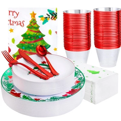 176 Pieces Christmas Plastic Plates - Heavy Duty Christmas Disposable Dinnerw... - Image 1 of 4