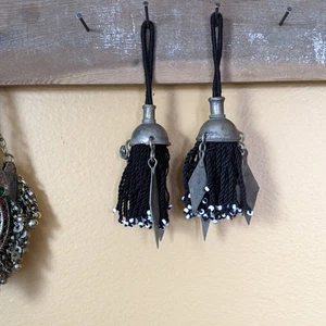 Pair Black Turkmen Tassels Unique Vintage Tops Pointy Dangles  (18677) - Picture 1 of 4