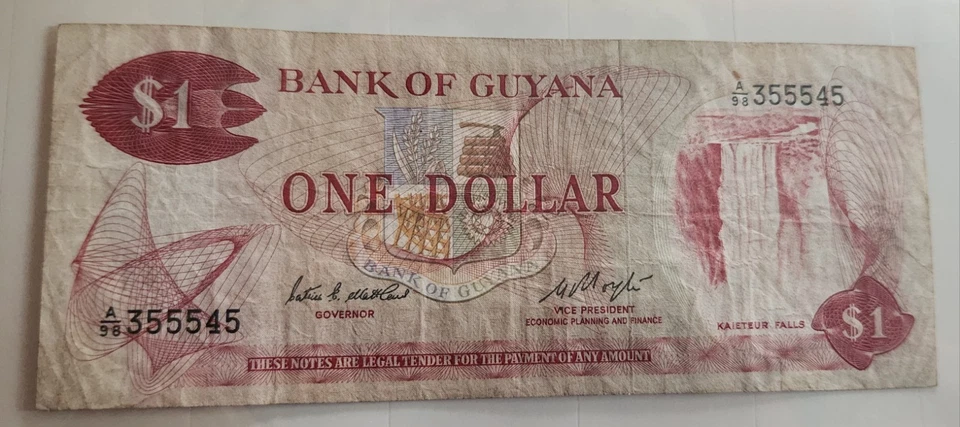 Банкнота Гайаны 1 доллар ND (1966-1992) CU $1 валюта уникальный 555 номер серии - Изображение 1 из 2