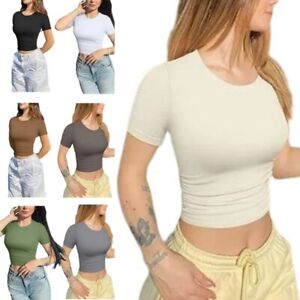Women Round Neck Ruched Fitted Crop Top Solid Color Short Sleeve Basic T-Shirt