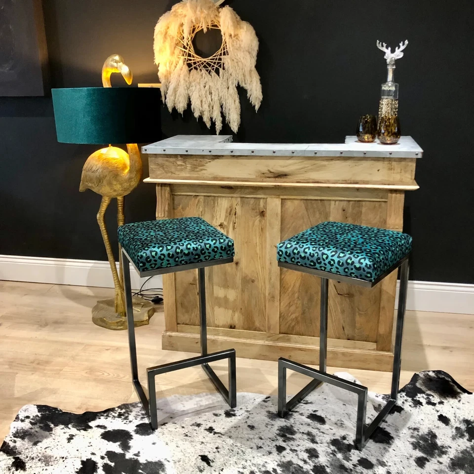 Teal Two Tone Leopard Print Luxury Modern Bar Stools (pair) - Image 1 of 4